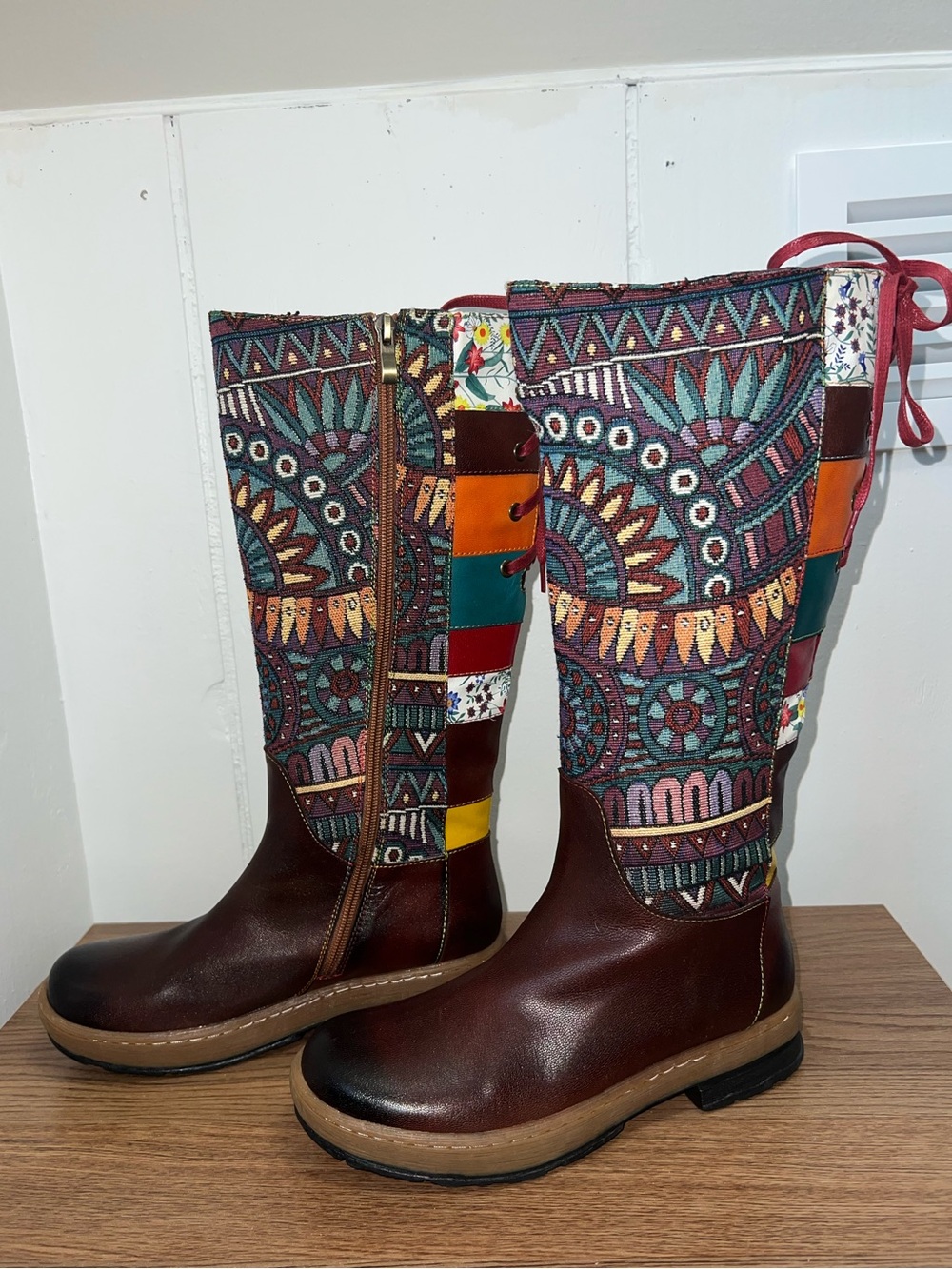 Tall Leather Tapestry Boots Women’s 39 (8.5) Boho Zip - Picture 3 of 10
